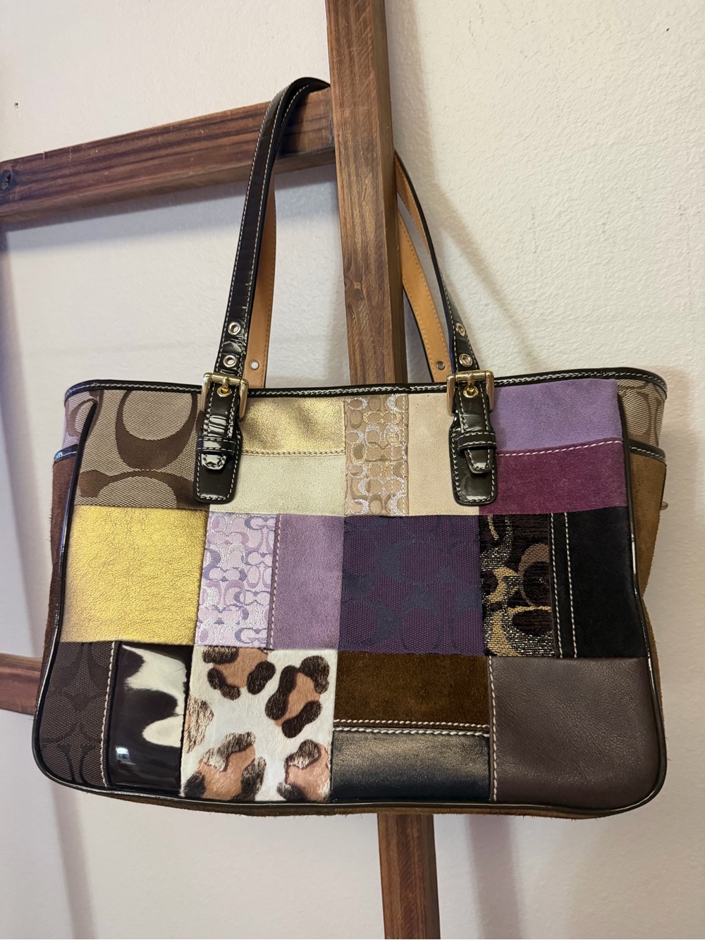 Coach Patchwork Signature Leather Tote in Purple, Brown & Gold